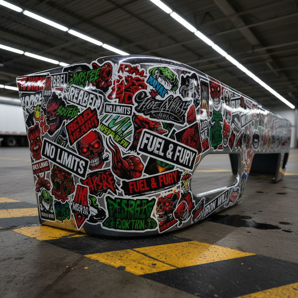 A close-up of a heavy-duty chrome bumper resting on a black-and-yellow striped loading dock floor, covered in meticulously arranged custom bumper sticker designs. Each sticker features bold, rebellious phrases in distressed fonts, flaming skulls, roaring engines, and stylized AI-generated rock and rap graphics in electric reds, toxic greens, and deep blacks. The textured concrete around the bumper shows oil stains and faint tire marks. Overhead warehouse lights provide bright, even illumination, creating crisp reflections on the chrome and a slight gleam on the glossy stickers. Shot from a low, side angle in photographic realism, the perspective emphasizes the curve of the bumper and the layered designs. The mood is unapologetic, raw, and intensely branded.