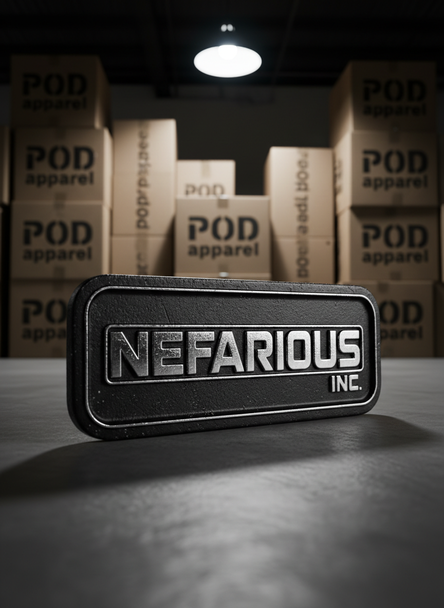 A rugged matte-black semi-truck grille emblem resting on a clean concrete studio floor, the chrome Nefarious Inc logo stamped across a thick metal plate with subtle scratches and road grit embedded in the edges. Behind it, an out-of-focus wall of cardboard shipping boxes with bold black POD apparel labels suggests a growing e-commerce operation. A single overhead industrial LED casts crisp, cool white light, carving sharp highlights along the emblem’s ridges and throwing a dramatic shadow forward. Shot at eye level with a shallow depth of field, the emblem dominates the center frame. The atmosphere is bold, gritty, and aspirational, captured in photographic realism with high contrast and ultra-sharp detail.