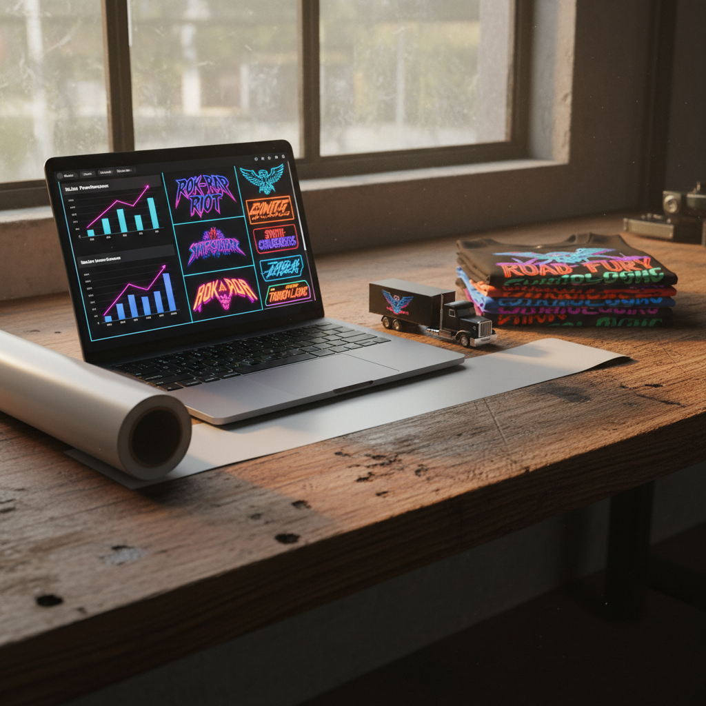 An open laptop on a scarred wooden workbench, its screen displaying a vibrant dashboard of sales charts, AI-generated rock-rap logo concepts, and mockups of custom bumper stickers. Beside it lies a stack of glossy POD t-shirt samples, each with aggressive neon typography and rebellious iconography, and a roll of vinyl sticker material unspooling toward the edge. A miniature die-cast semi-truck model sits near the trackpad, tying everything back to the road. Late-afternoon golden light slants through a nearby warehouse window, catching dust in the air and creating warm highlights on the laptop keys. Captured in photographic realism from a three-quarter angle, with a balanced composition and moderate depth of field, the mood is driven, inventive, and high-octane entrepreneurial.