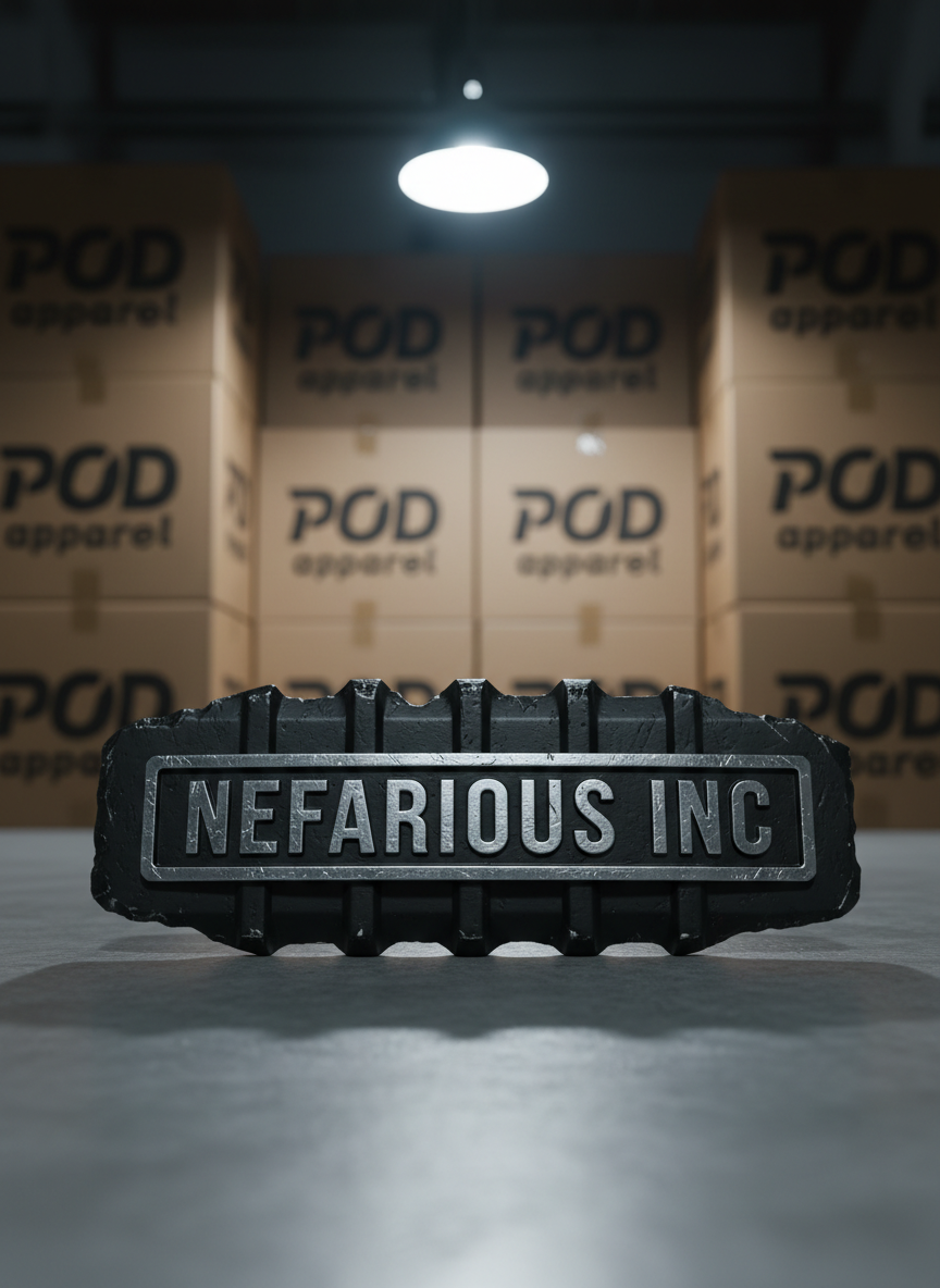 A rugged matte-black semi-truck grille emblem resting on a clean concrete studio floor, the chrome Nefarious Inc logo stamped across a thick metal plate with subtle scratches and road grit embedded in the edges. Behind it, an out-of-focus wall of cardboard shipping boxes with bold black POD apparel labels suggests a growing e-commerce operation. A single overhead industrial LED casts crisp, cool white light, carving sharp highlights along the emblem’s ridges and throwing a dramatic shadow forward. Shot at eye level with a shallow depth of field, the emblem dominates the center frame. The atmosphere is bold, gritty, and aspirational, captured in photographic realism with high contrast and ultra-sharp detail.