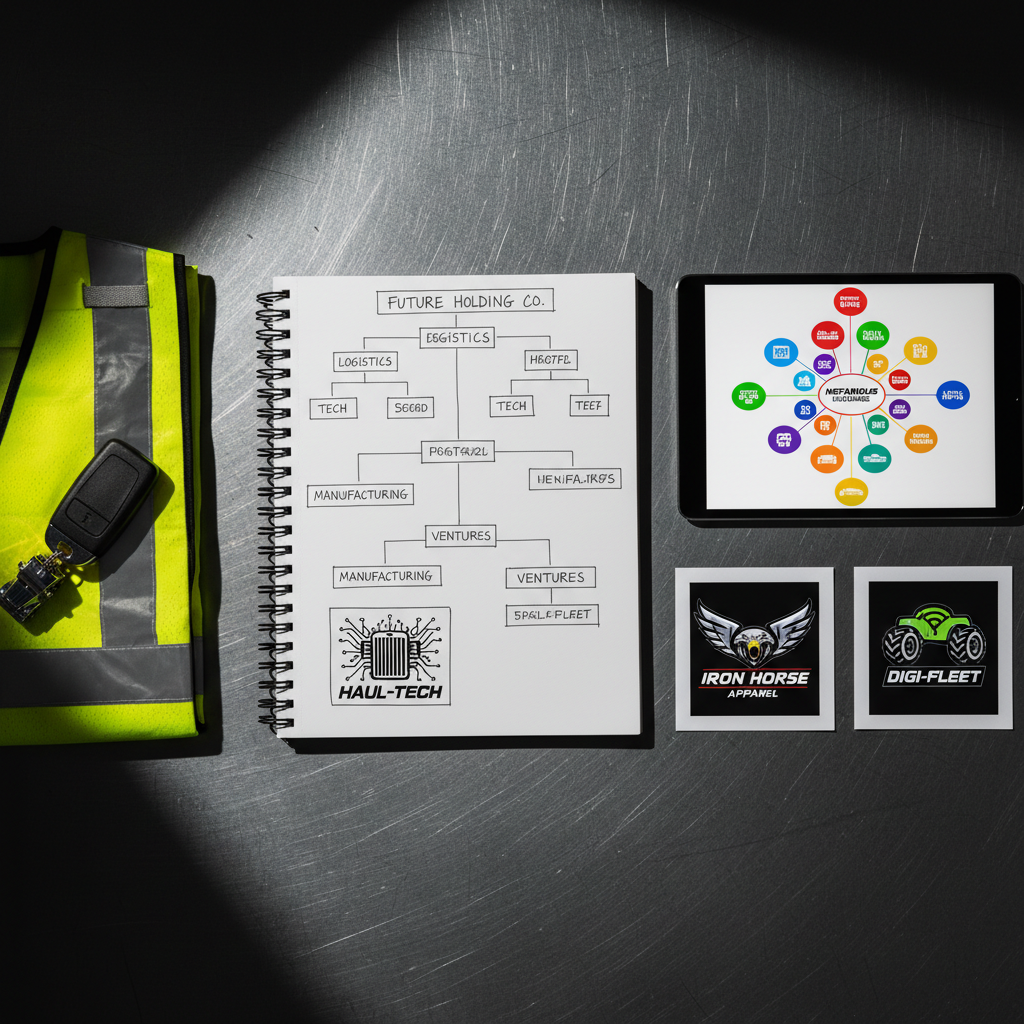 A meticulously organized flat lay on a dark steel tabletop: a spiral-bound business planning notebook with sketched org charts for a future holding company, a tablet showing a mind map of brand subsidiaries, and printed mockups of Nefarious Inc sub-brand logos that fuse truck culture with digital swagger. Nearby, a thick black key fob with a miniature chrome trailer charm rests on top of a folded high-visibility safety vest. A single directional studio light from the upper left creates strong, cinematic side lighting, with deep shadows and razor-sharp highlights across the metal surfaces. Photographic realism, captured from a true overhead bird’s-eye view, delivers a bold, methodical atmosphere that feels like the blueprint of an empire in motion.