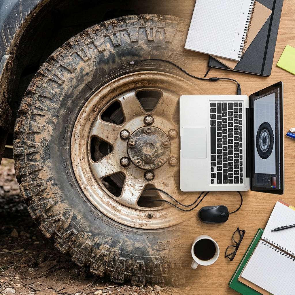 Composite view blending a muddy off-road tire with a clean, organized office desk.